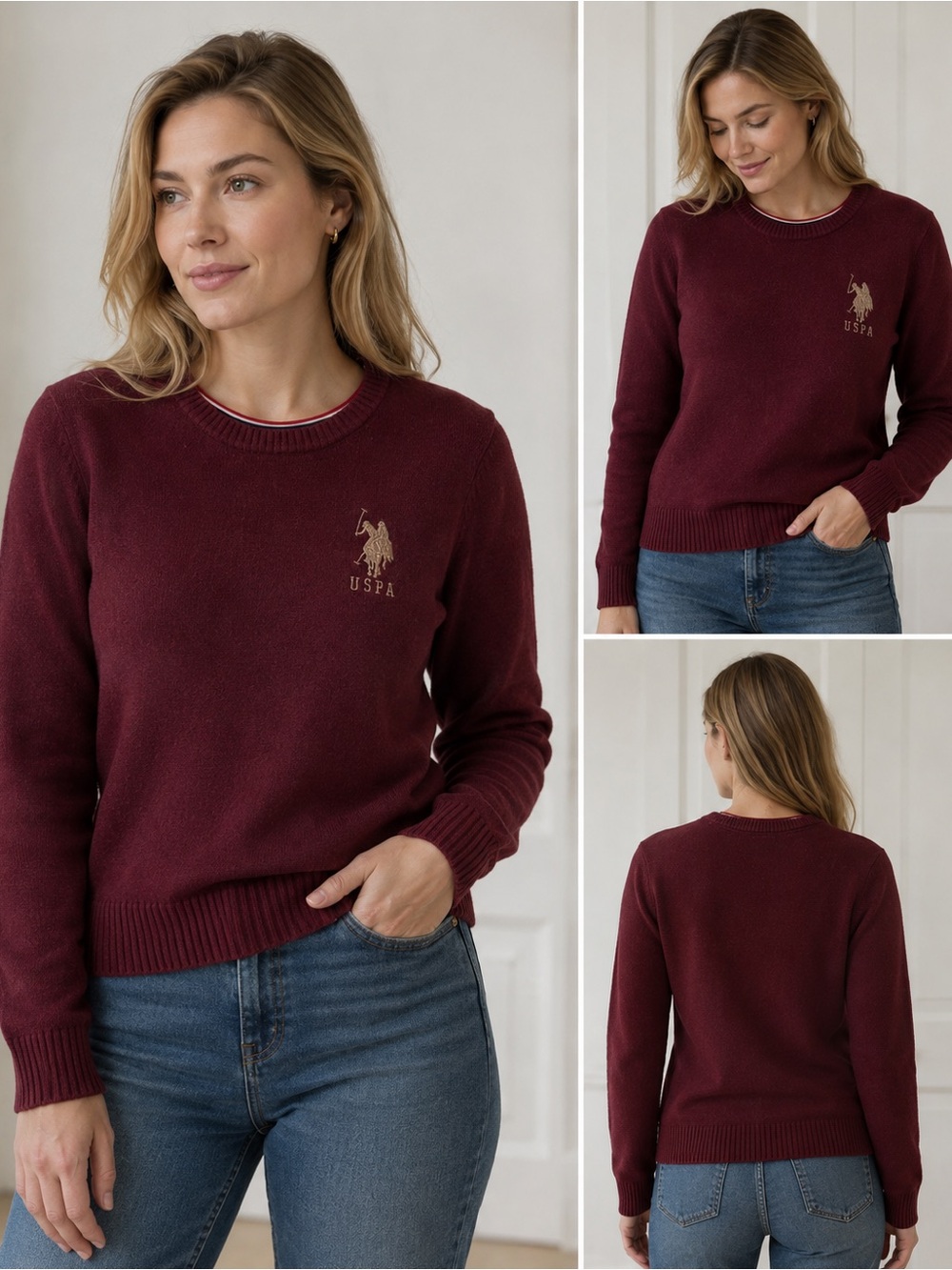 U.S. Polo Assn. Women's Crewneck Sweater in Deep Burgundy with Embroidered Logo